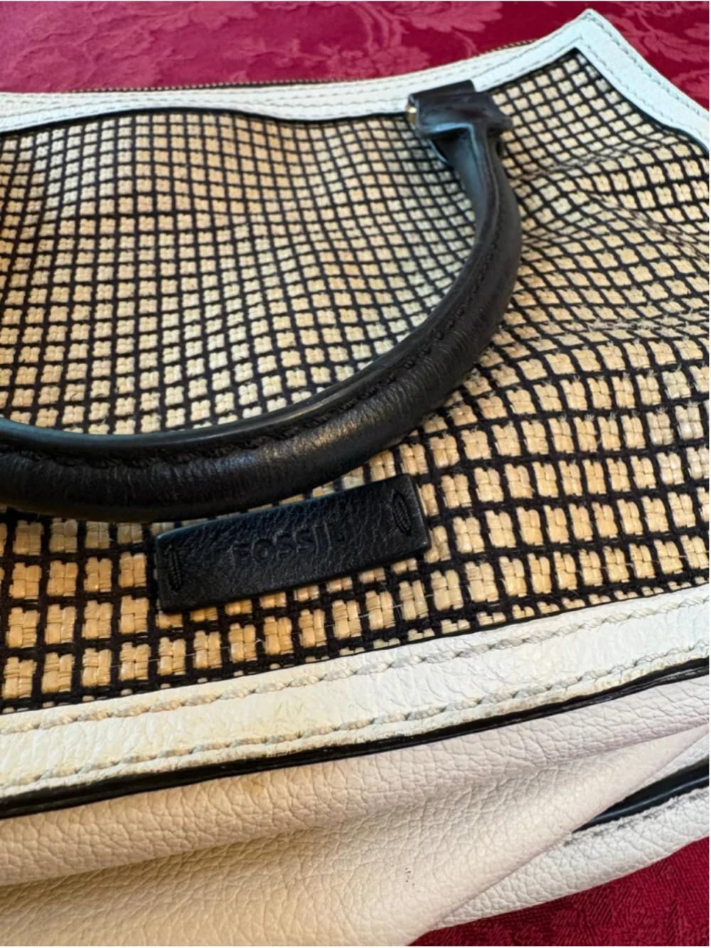 Fossil Beige and Black Perforated Leather Satchel Bag